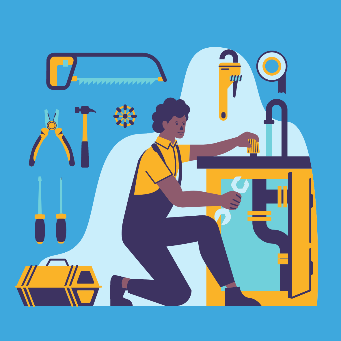 Blue and Yellow Working Men Mechanic Simplified Illustration Square Laptop Sticker